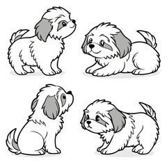 Shih Tzu Puppy Cartoon Set Four playful, stylized dogs with fluffy white fur & gray markings