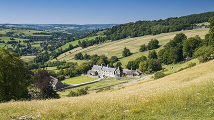 Picturesque countryside scene with stone buildings nestled among rolling hills