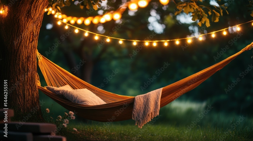 Aufkleber A hammock hangs under string lights between two trees