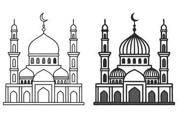 Two mosque building line art icons stand side by side against a white background