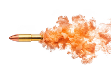 Flying bullet with smoke trail on transparent background