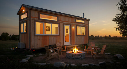 Obraz premium Cozy Evening Retreat Tiny House with Fire Pit at Dusk Scene