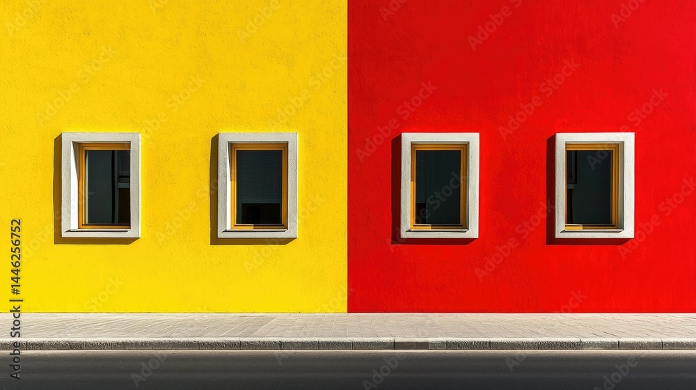Poster two pairs of windows set in colorful divided building walls