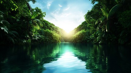 Obraz premium River reflects sunlight amidst the lush green tropical jungle with dense vegetation on either side, showcasing the sky.