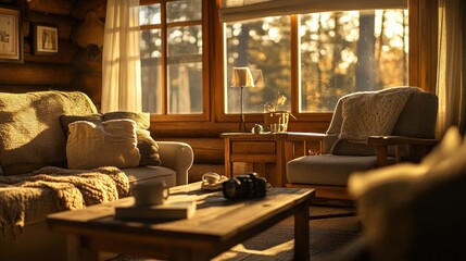 Warm sunlight filters into a cozy rustic living room