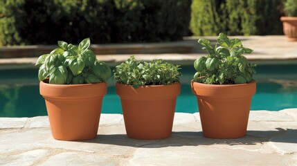 Three potted herbs sit beside a swimming pool outdoors