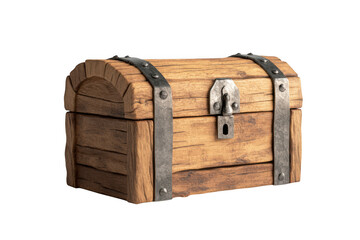 Wooden treasure chest with metal bands on transparent background