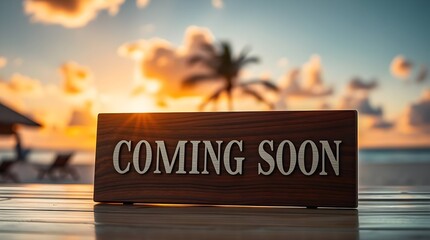 a wooden sign saying coming soon with beach background, space for copy