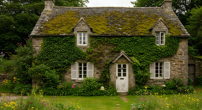 Enchanting Stone Cottage With Mossy Roof And Lush Ivy Facade In Summer