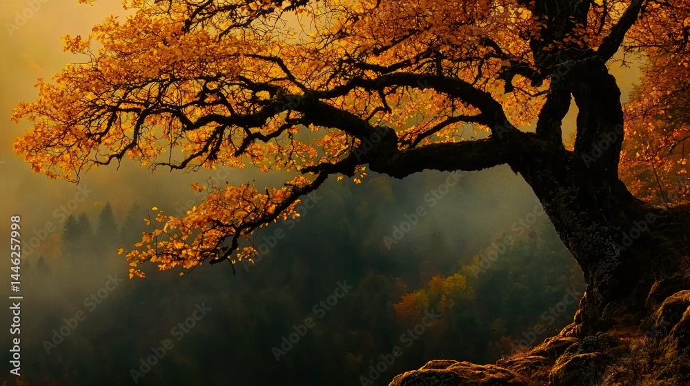 Poster a large tree branch covered with orange autumn foliage extends over a forest