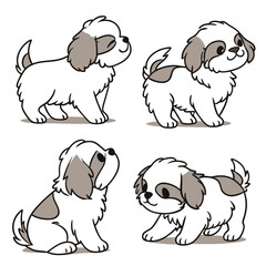 Cartoon Shih Tzu Puppies Set Poses, Cute White Fluffy Dogs, Isolated, Adorable Pets