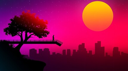 Silhouette of a figure walks on a cantilevered platform extending from a tree towards a cityscape under a vibrant colorful sky.