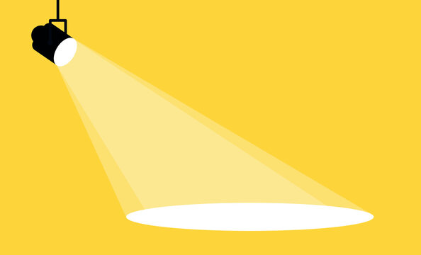 Spotlight shines on the yellow banner. Vector flat spotlight on yellow background with space for text. Vector illustration