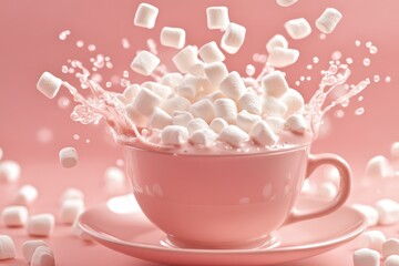 Hot chocolate in a pink cup splashes with mini marshmallows creating a delightful treat moment, splash of mini marshmallows in a cup of hot chocolate, bright color studio lighting