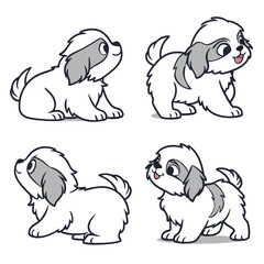 Cute Cartoon Shih Tzu Dog Poses, White Fluffy Puppy, Smiling Pets, Animals Set, Outline Style
