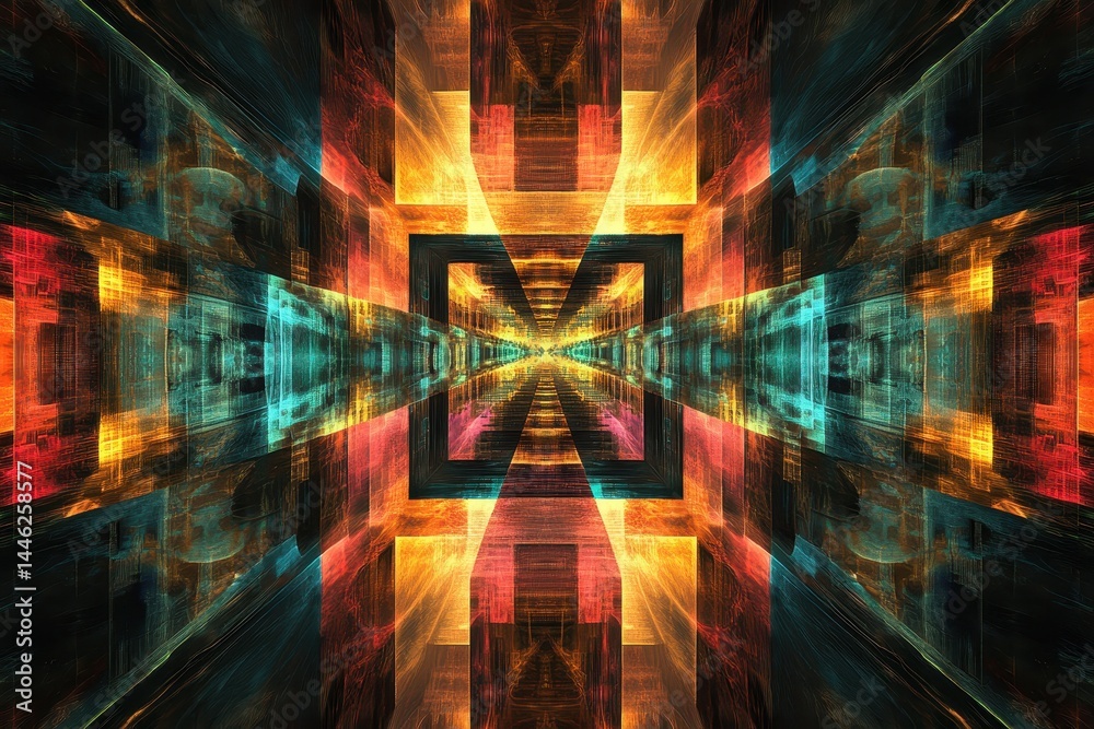 Poster Cool abstract mirror framed geometric fractal pattern in vibrant colors with dynamic depth and perspective, Cool Abstract Mirror Framed Geometric Fractal ing Background