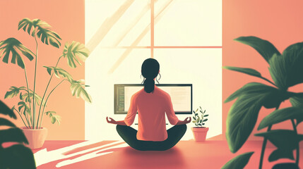 Fototapeta premium Woman meditating while sitting cross-legged at home with plants 