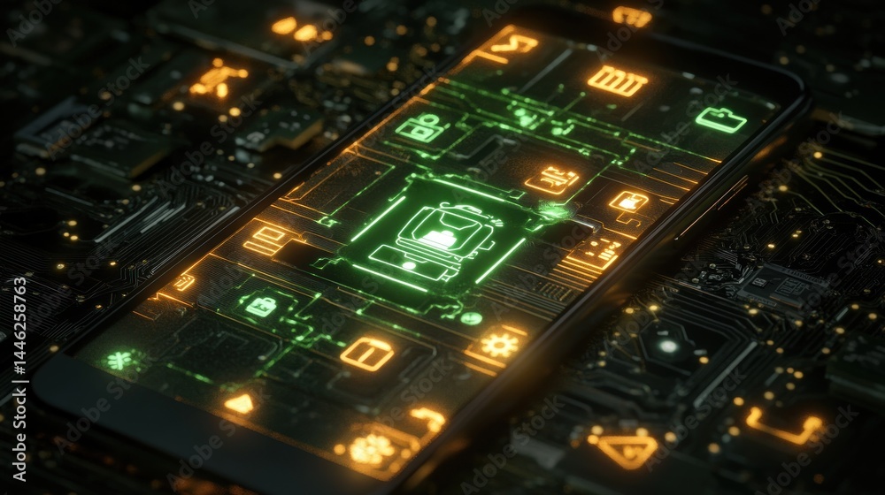 Aufkleber Smartphone display showing various application icons with a circuit board