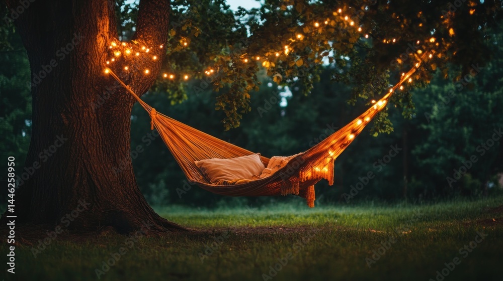 Poster Hammock and pillow strung between trees decorated with string lights