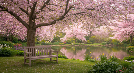Inviting Bench Under the Bloom Trees and Tranquil Pond in Lush Green Garden