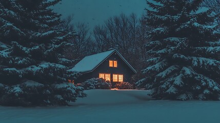 Snowy night scene of a cozy cabin nestled in the woods.