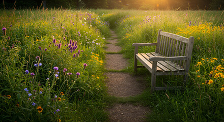 Fototapeta premium Bench Beside The Trail Through Wildflowers In Golden Sunset Light