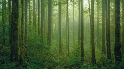 Sunlight filters through a lush green dense pacific northwest forest