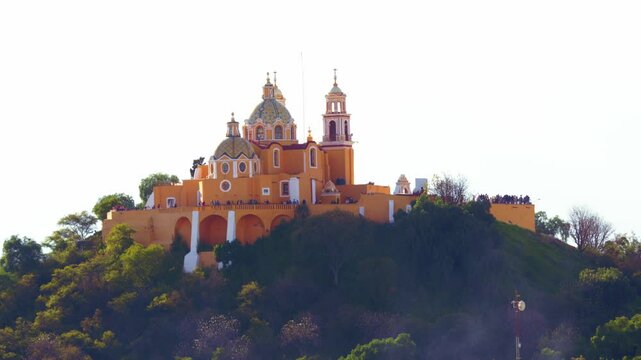 Aerial view of the Sanctuary of Our Lady of Remedies located on the top the Great Pyramid of Cholula, in Puebla, Mexico.