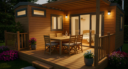 Fototapeta premium Cozy Wooden Tiny House with Outdoor Deck at Dusk Offering Tranquil Living