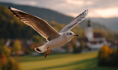 Obraz premium Seagull soars freely above serene landscape