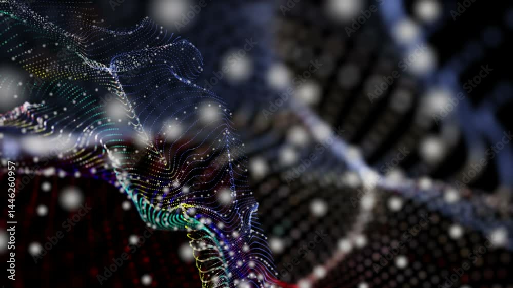 Poster futuristic video animation with particle wave object in slow motion, 4096x2304 loop 4k
