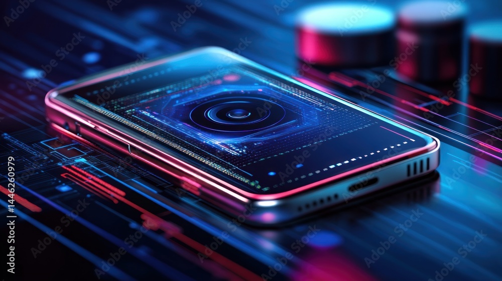 Poster smartphone displays a glowing digital interface against a futuristic background