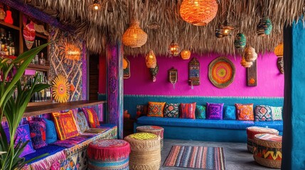 Naklejka premium Colorful bohemian themed bar and lounge area under thatched roof