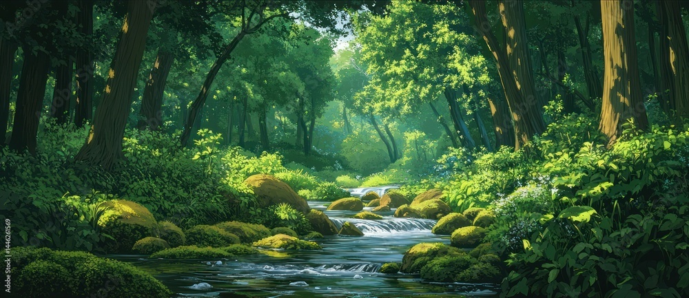 Poster a clear stream flows through a lush green forest
