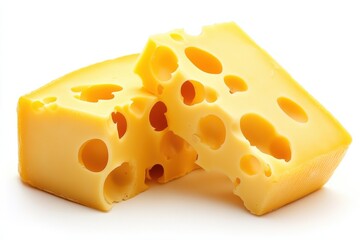 Two chunks of Swiss cheese golden yellow holes delicious dairy closeup appetizing food photography
