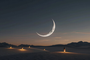 islamic celebration, islamic new year celebration, with lanterns glowing under a peaceful desert night and a spiritual, warm ambiance
