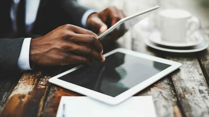 Businessman working on tablets with coffee on rustic wooden table