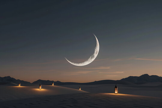islamic celebration, islamic new year celebration, with lanterns glowing under a peaceful desert night and a spiritual, warm ambiance