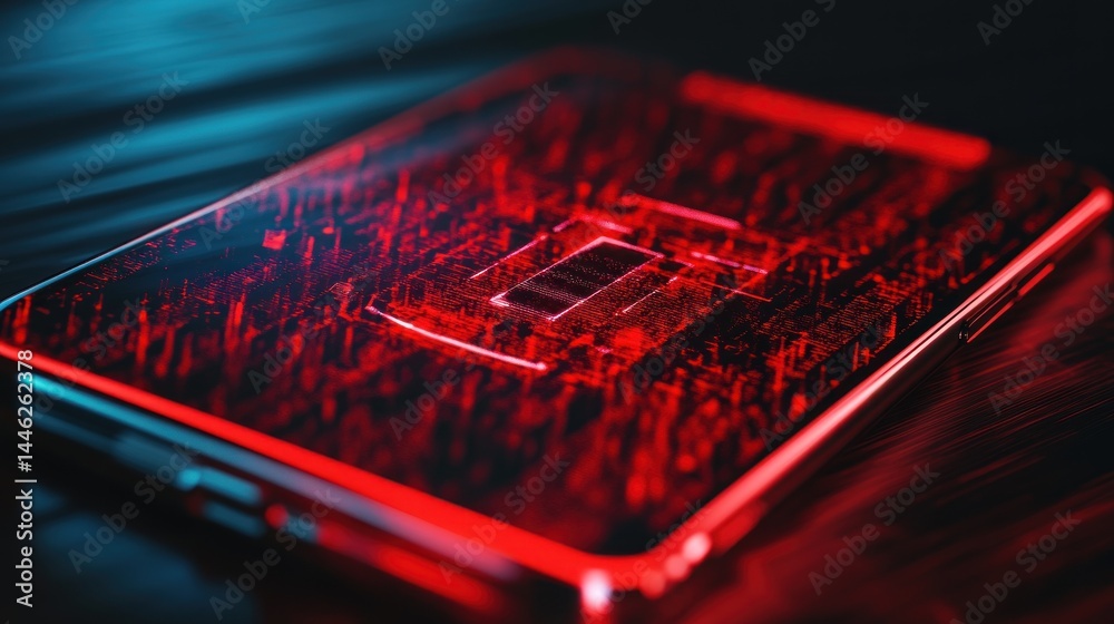 Poster Digital technology interface on phone with futuristic red design