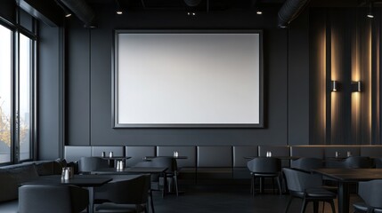 Sophisticated dark restaurant interior with blank picture frame