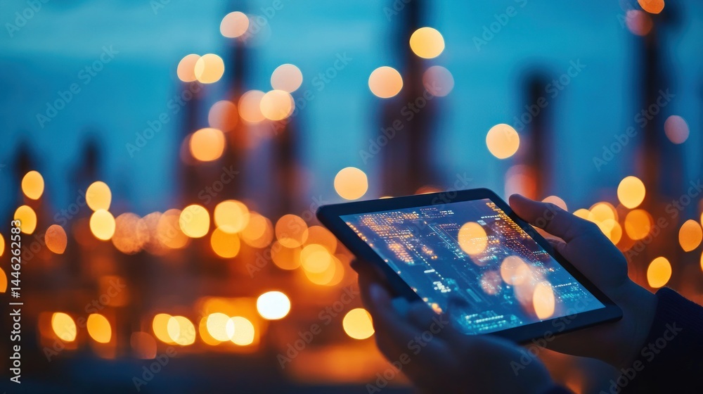 Poster person using a digital tablet at night with bokeh lights