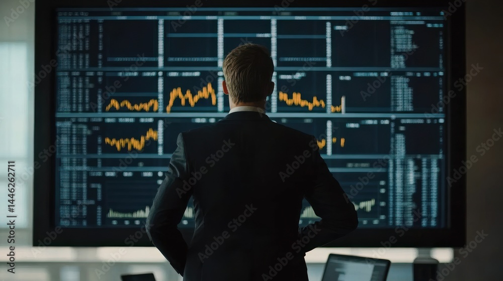 Poster man stands viewing stock market charts on a large screen