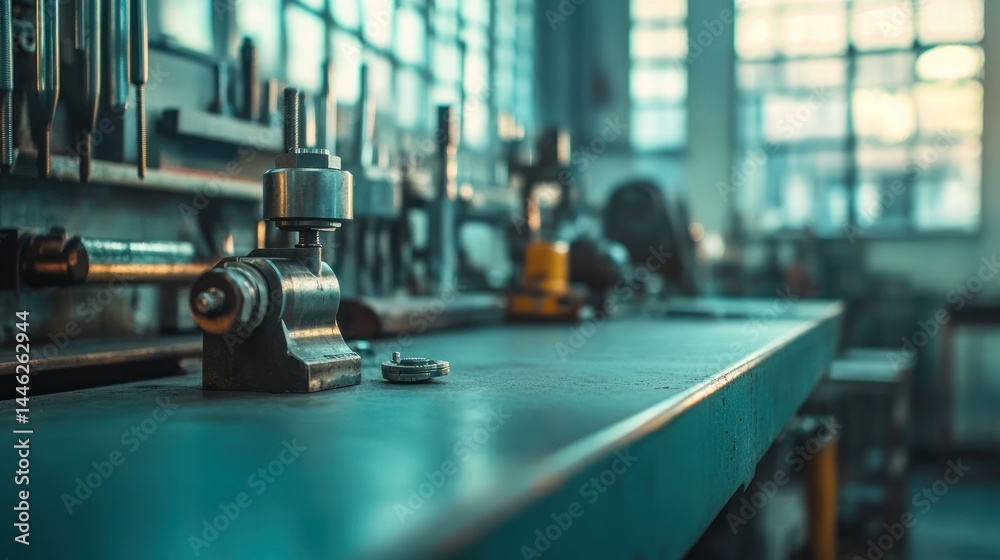 Aufkleber machinist workbench with metal tools in a workshop environment