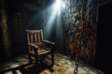 Spotlight illuminates an old wooden torture chair in a dimly lit dungeon setting, A spotlight shining down on an old wooden torture chair with rusty chains on the wall and floor