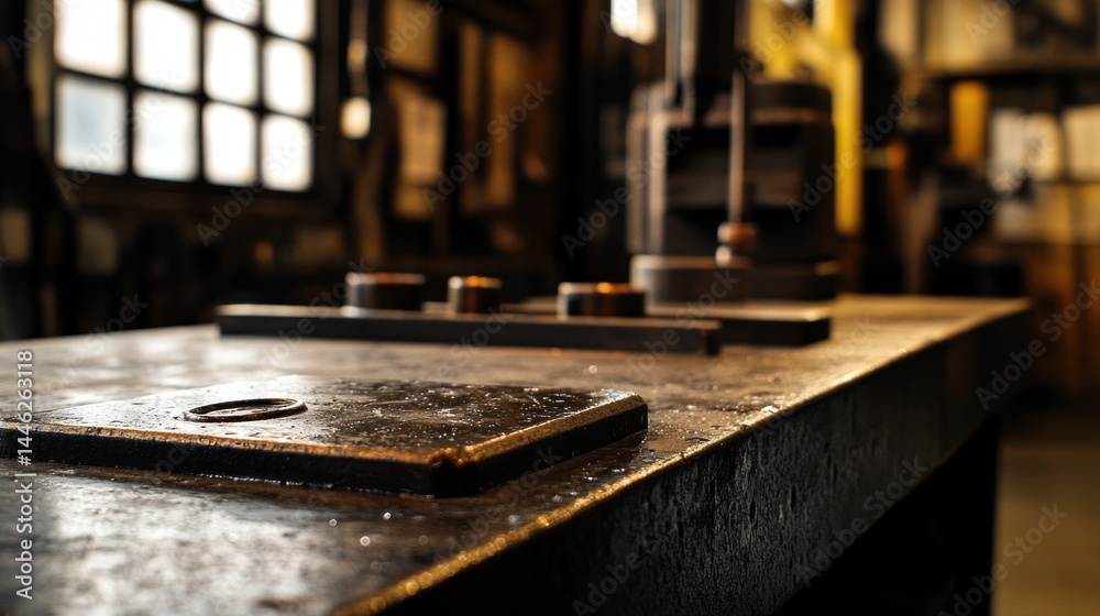Poster industrial workbench with metal details in a workshop setting