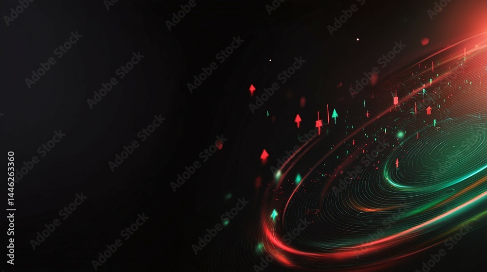Wall mural abstract dark background with flowing red and green light trails and bokeh.