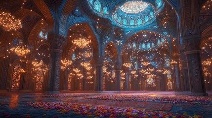 Fototapeta premium Opulent mosque interior is illuminated by shimmering golden chandeliers