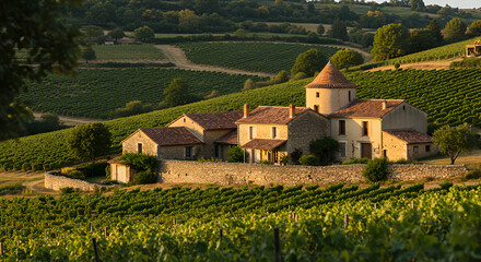 Picturesque Vineyard Landscape With Charming Chateau In The French Countryside
