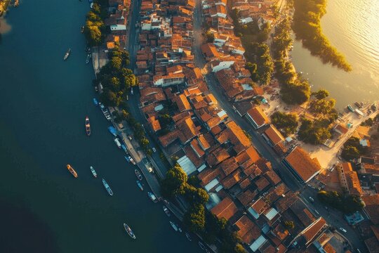 Exploring Oiapoque city, Brazil, alongside the Oiapoque River during sunset hours, Oiapoque city in Brazil along the Oiapoque River Drone aerial view