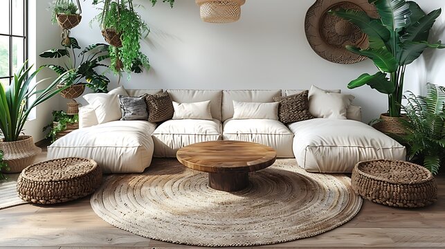 Scandinavian hygge living room with leafy plants, framed wall art, and cozy decor high resolution image